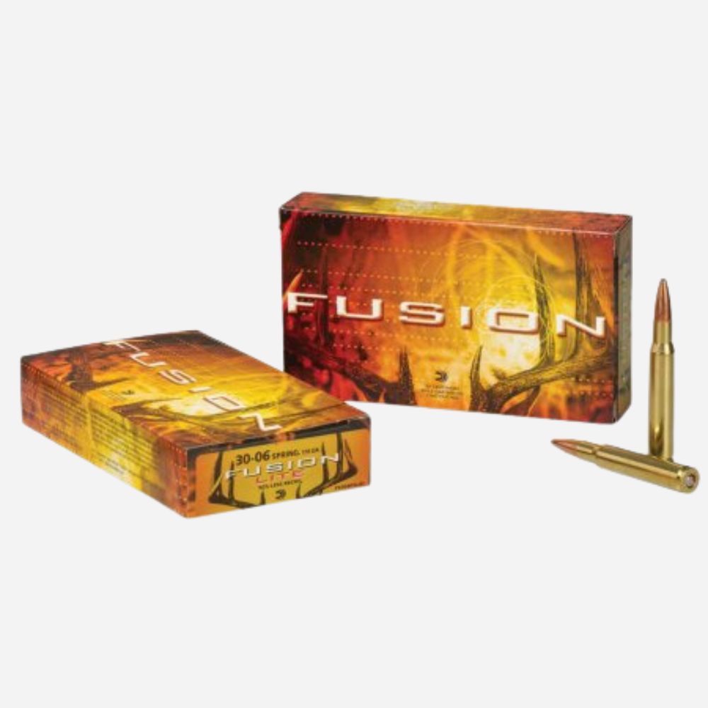 Two boxes of 'Fusion' ammunition with a bullet on a white background