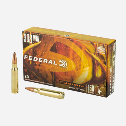 Federal Fusion ammunition box with two bullets on a white background