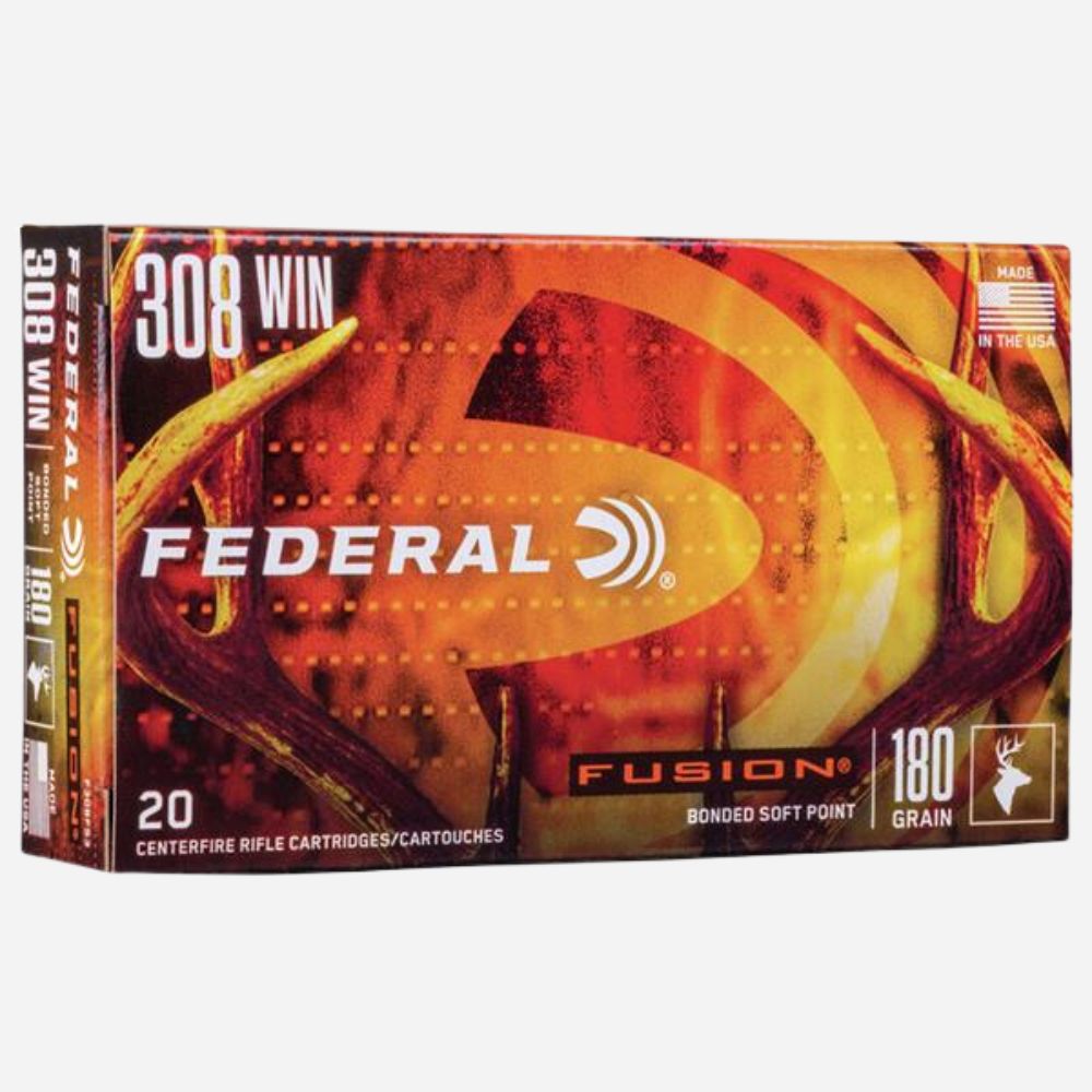 Federal Fusion rifle cartridge box with a fiery design on a white background