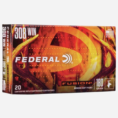 Federal Fusion rifle cartridge box with a fiery design on a white background