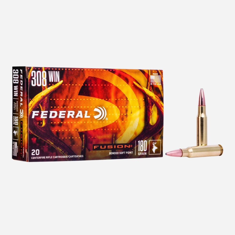 Federal Fusion ammunition box and bullets on a white background