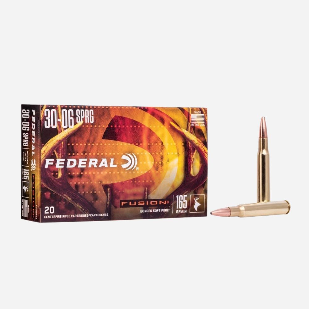 Federal Fusion rifle ammunition box with a bullet on a white background