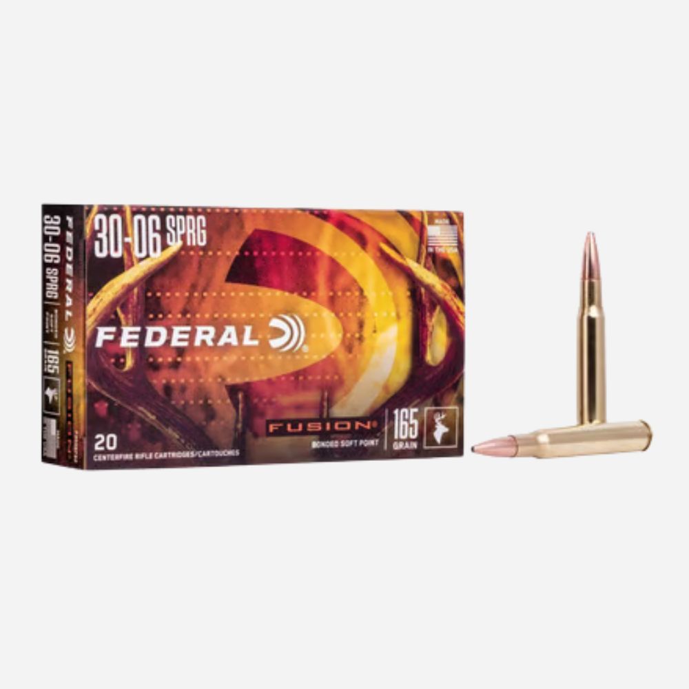 Federal Fusion ammunition box and bullet on a white background