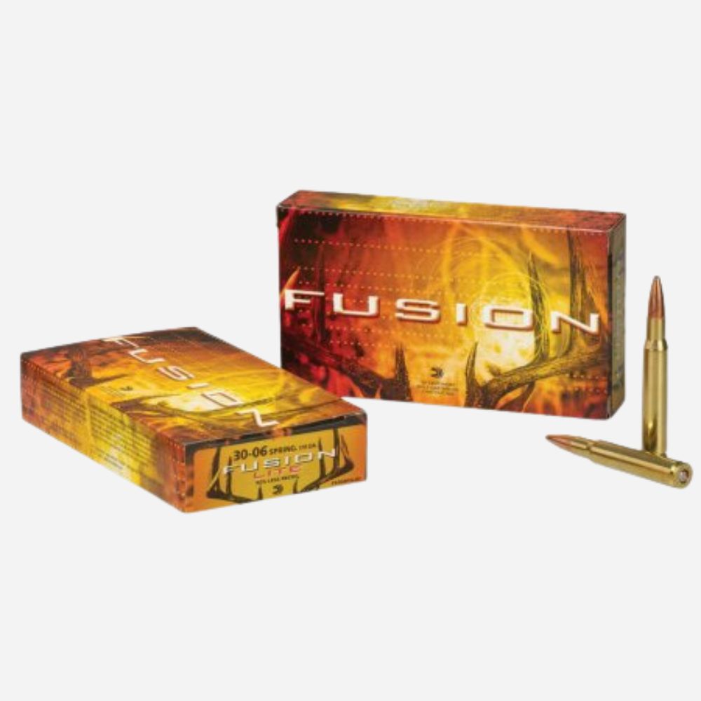 Two boxes of 'Fusion' ammunition with a bullet on a white background