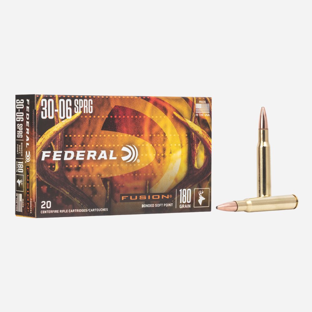 Federal Fusion rifle cartridge box and bullet on a white background