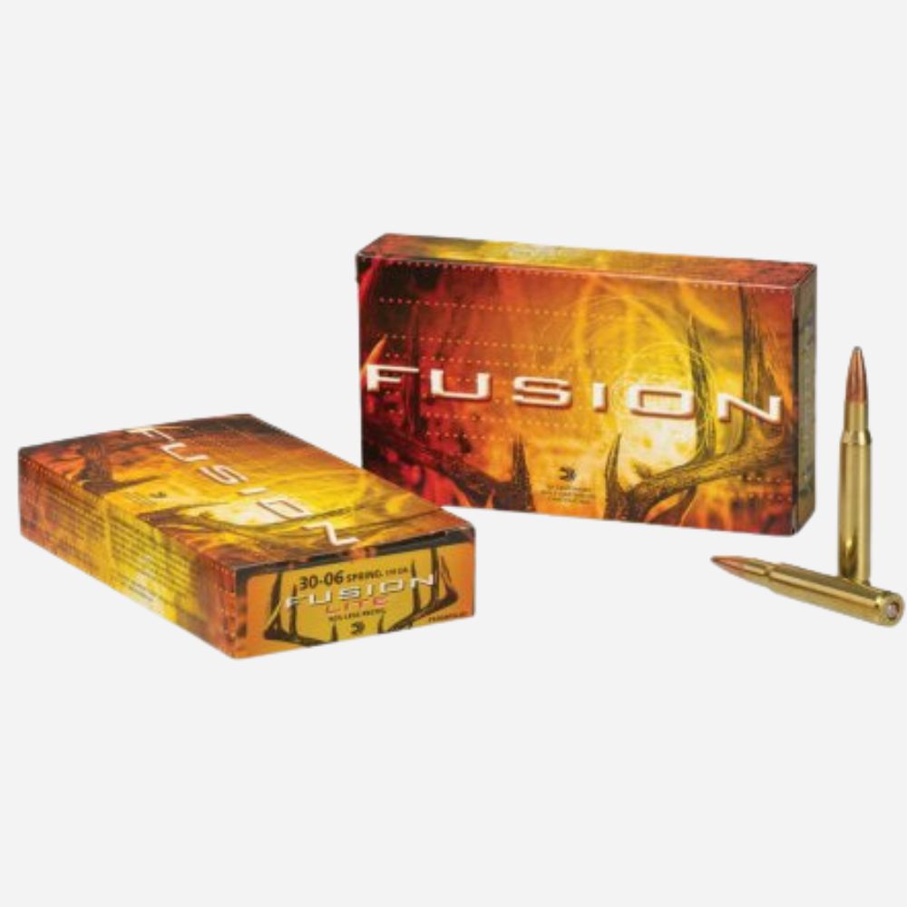 Two boxes of 'Fusion' ammunition with two bullets on a white background
