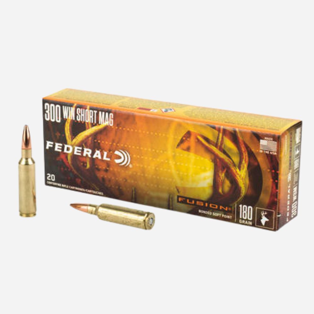 Federal Fusion ammunition box with two bullets on a white background