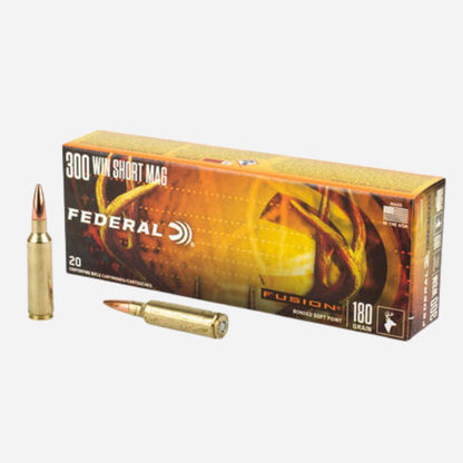 Federal Fusion ammunition box with two bullets on a white background