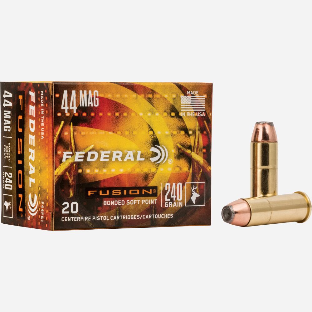 Federal Fusion 44 Mag ammunition box and bullets on a white background