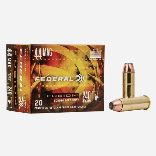 Federal Fusion 44 Mag ammunition box with two bullets on a white background