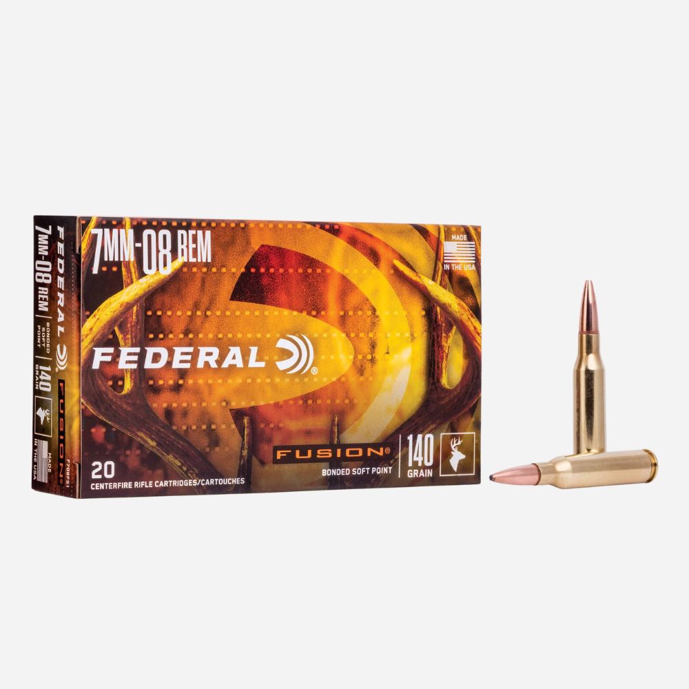 Federal Fusion ammunition box and bullet on a white background
