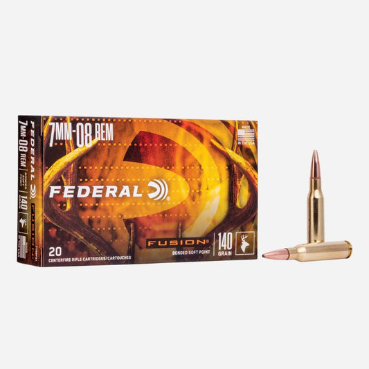 Federal Fusion ammunition box and bullet on a white background