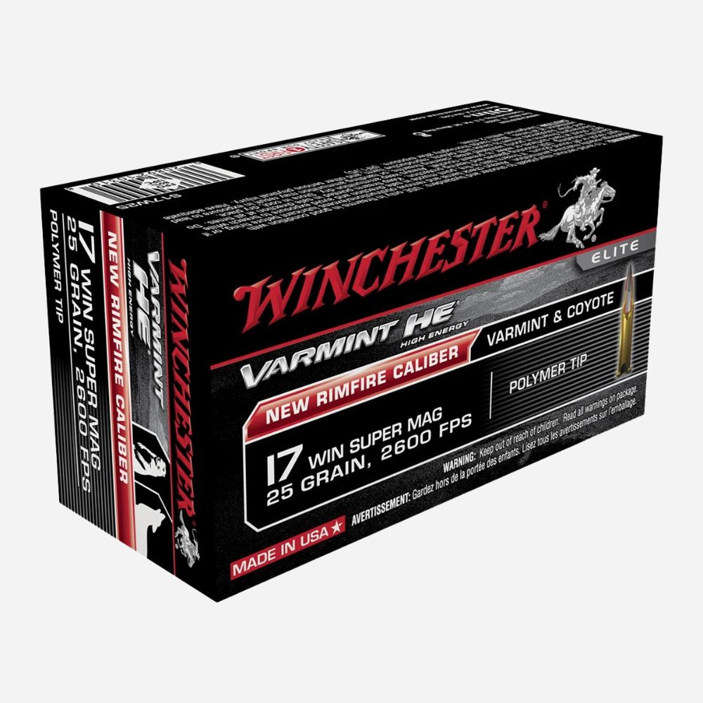 A box of Winchester Elite Varmint HE 17 Win Super Mag 25 Grain 2600 FPS polymer tip ammunition, shown at a three-quarter angle on a light gray background.