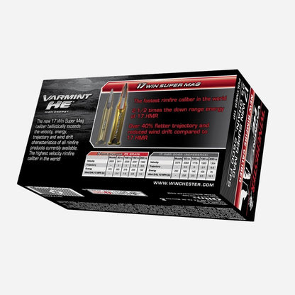 Winchester Varmint HE 17 Win Super Mag ammunition box, featuring a black and red design with product specifications and a bullet graphic, shown on a light gray background.