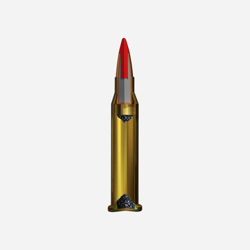A single bullet-shaped decorative object or container with a metallic gold body, a red pointed top, and a small dark textured section near the base, centered on a plain light gray background.