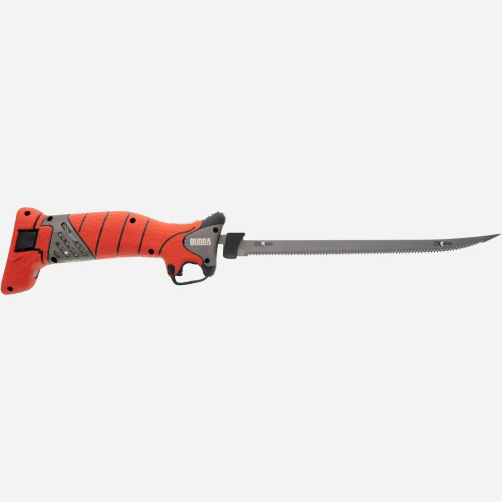 Red and black electric fishing saw on a white background
