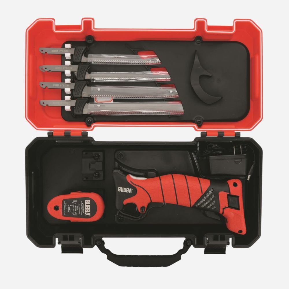 Dewalt oscillating tool set with blades in a red and black case on a white background