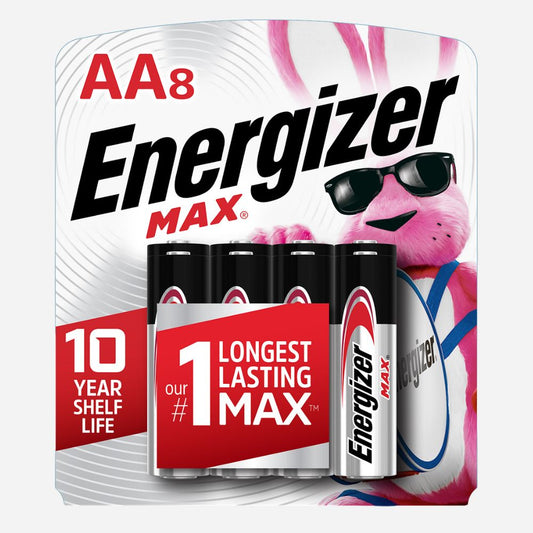 Energizer Max AA batteries packaging with a cartoon character wearing sunglasses.