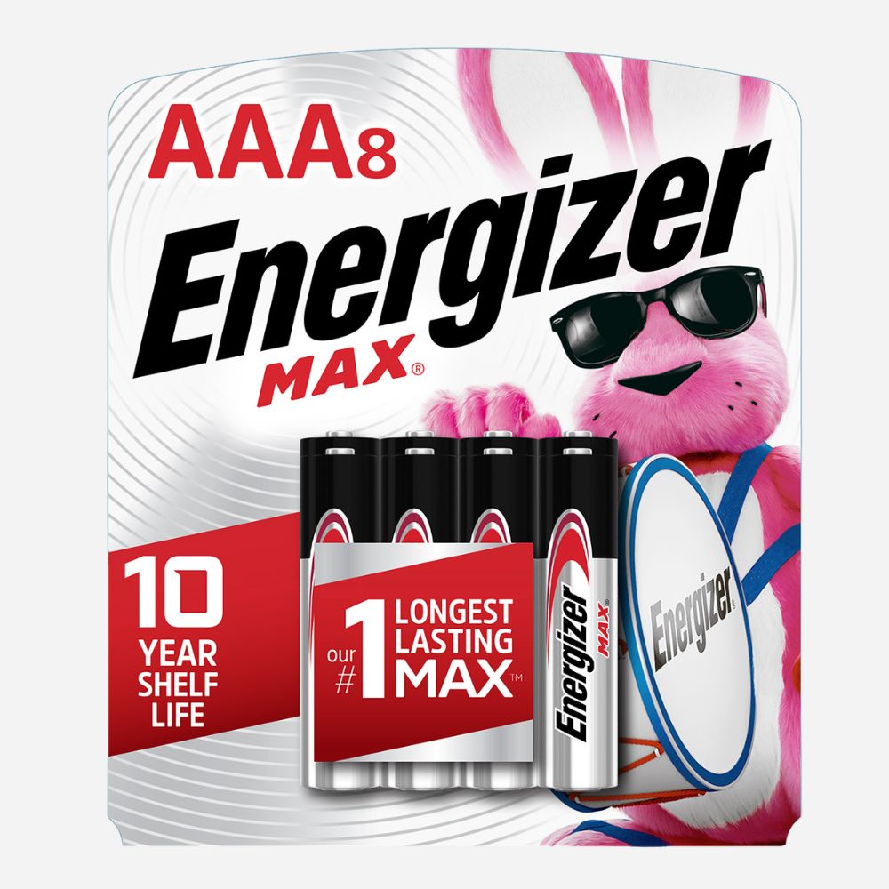 Energizer AAA batteries packaging with a pink bear character wearing sunglasses on a white background