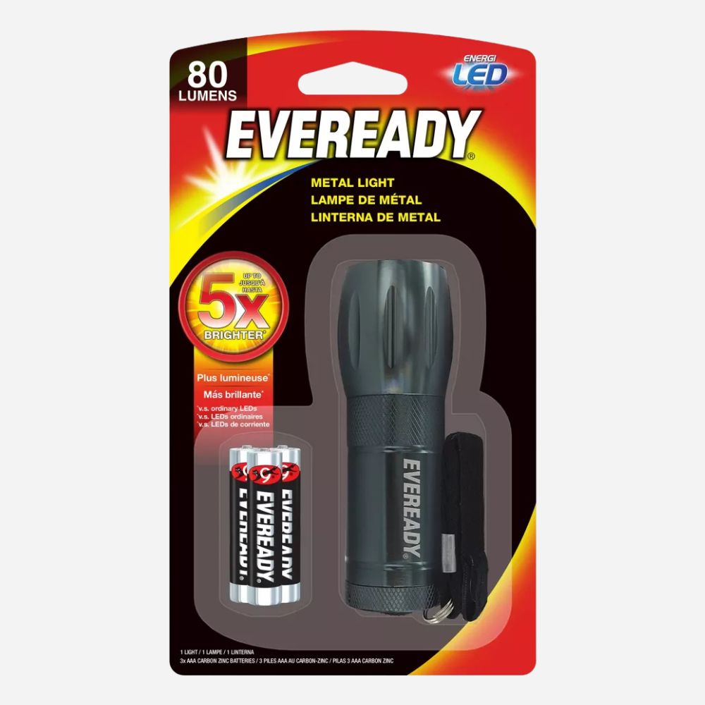 Eveready metal light with batteries in packaging on a white background