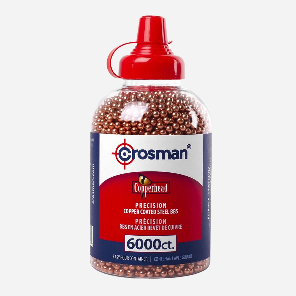 Bottle of Crosman Copperhead copper-coated steel beads on a white background