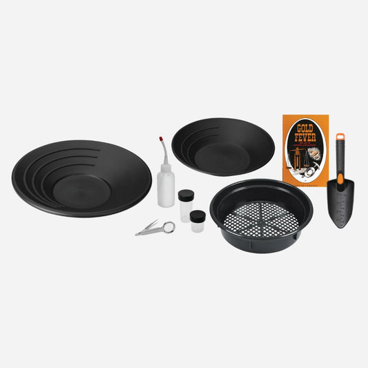 Set of black pans, a bottle, tools, and a book titled 'Gold Fever' on a white background