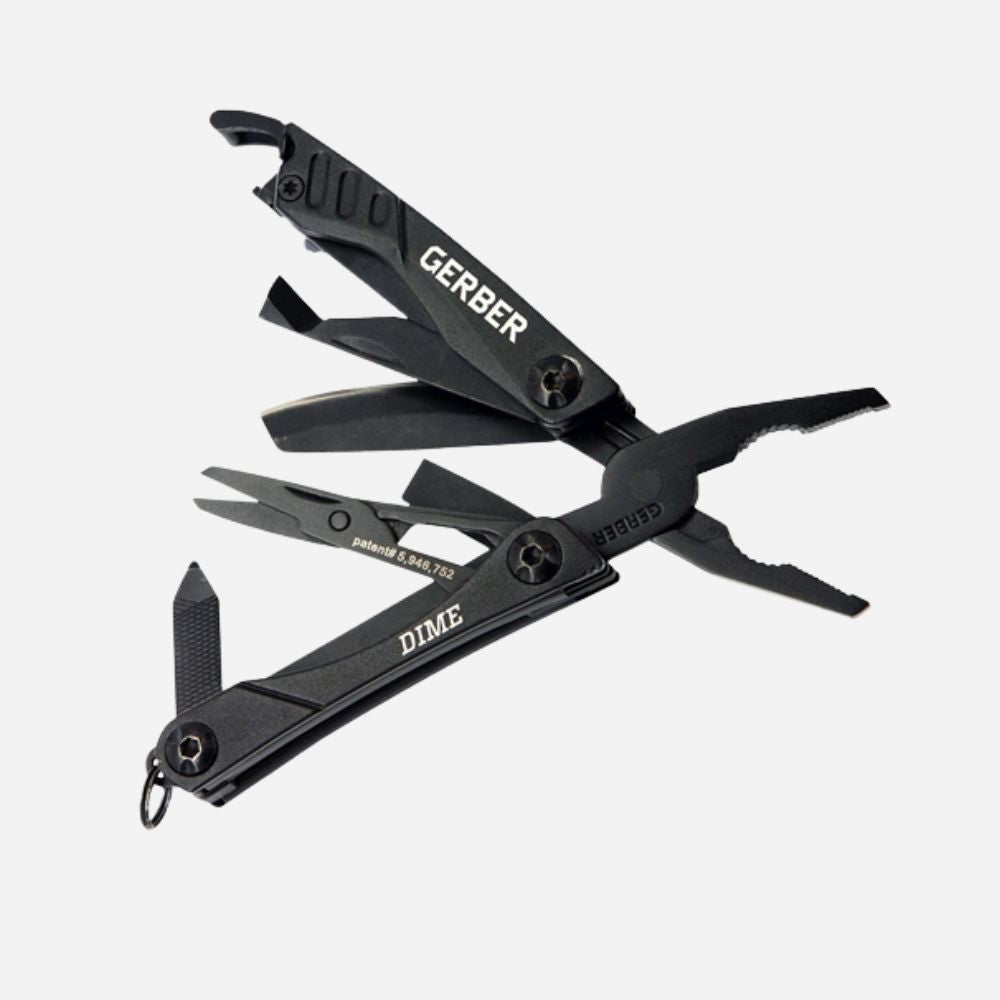 Black multi-tool with 'Gerber' and 'Dime' branding on a white background
