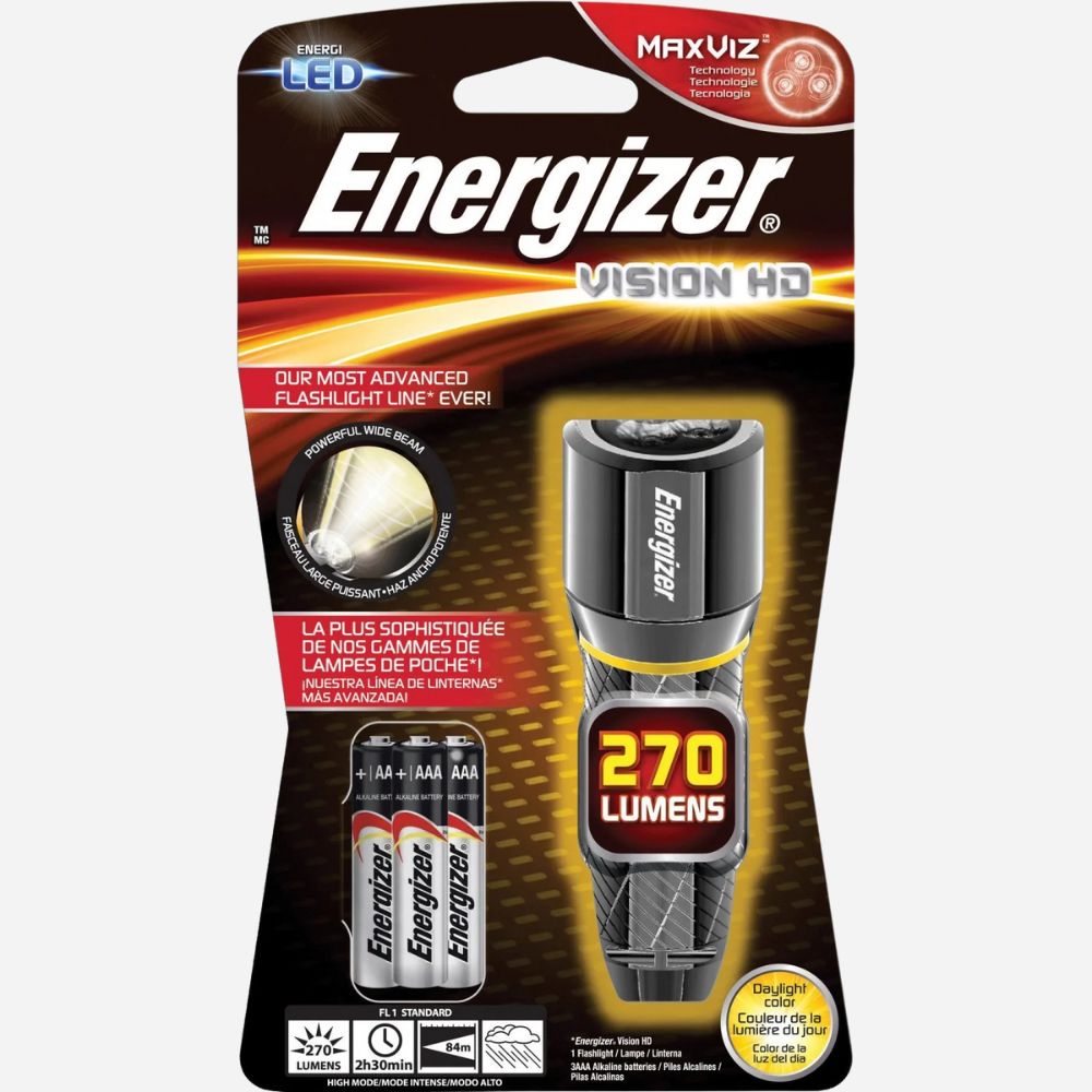 Energizer flashlight packaging with 270 lumens indication on a white background