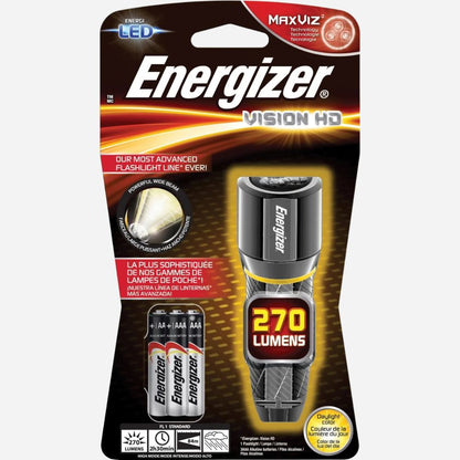 Energizer flashlight packaging with 270 lumens indication on a white background