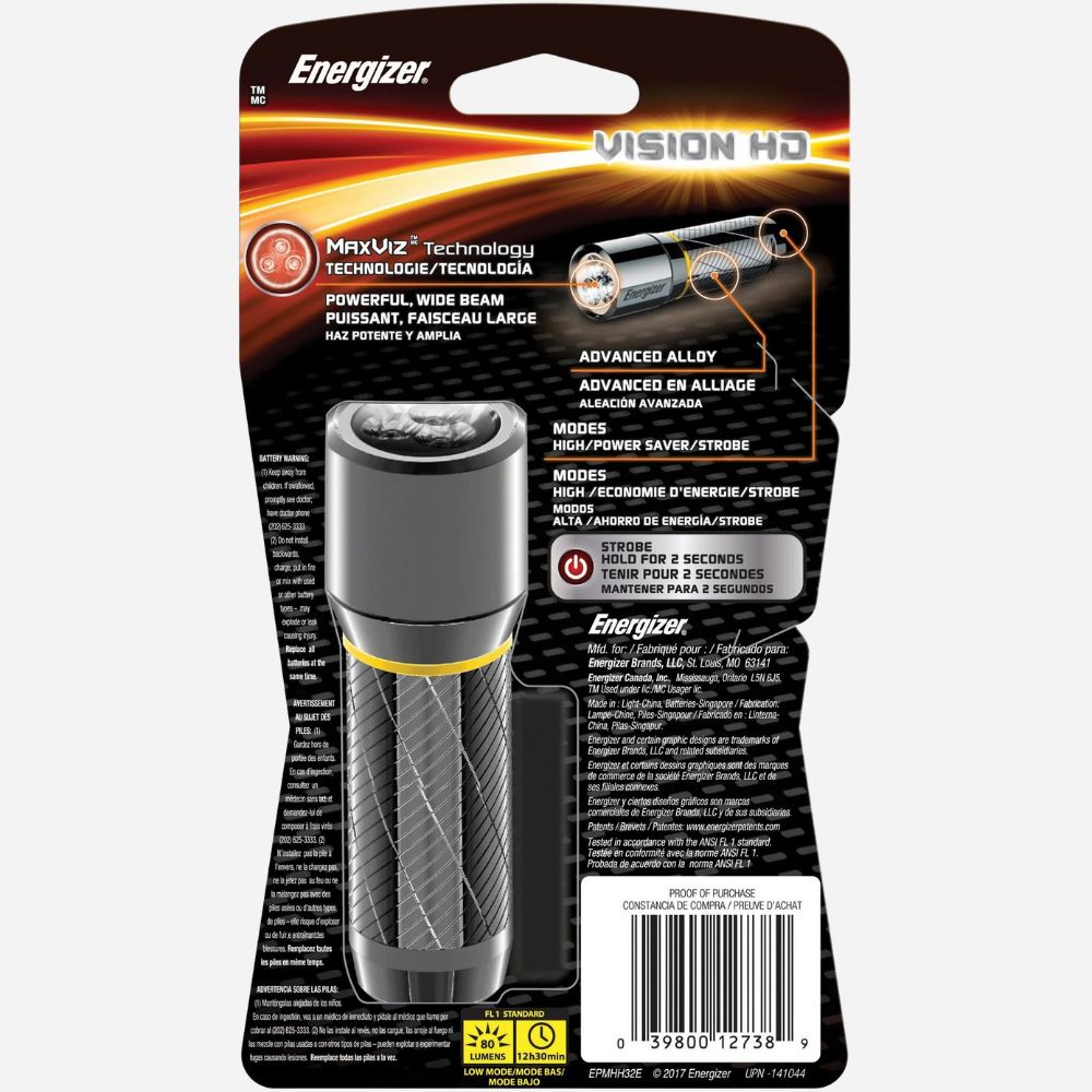 Energizer flashlight packaging with product and branding details on a white background