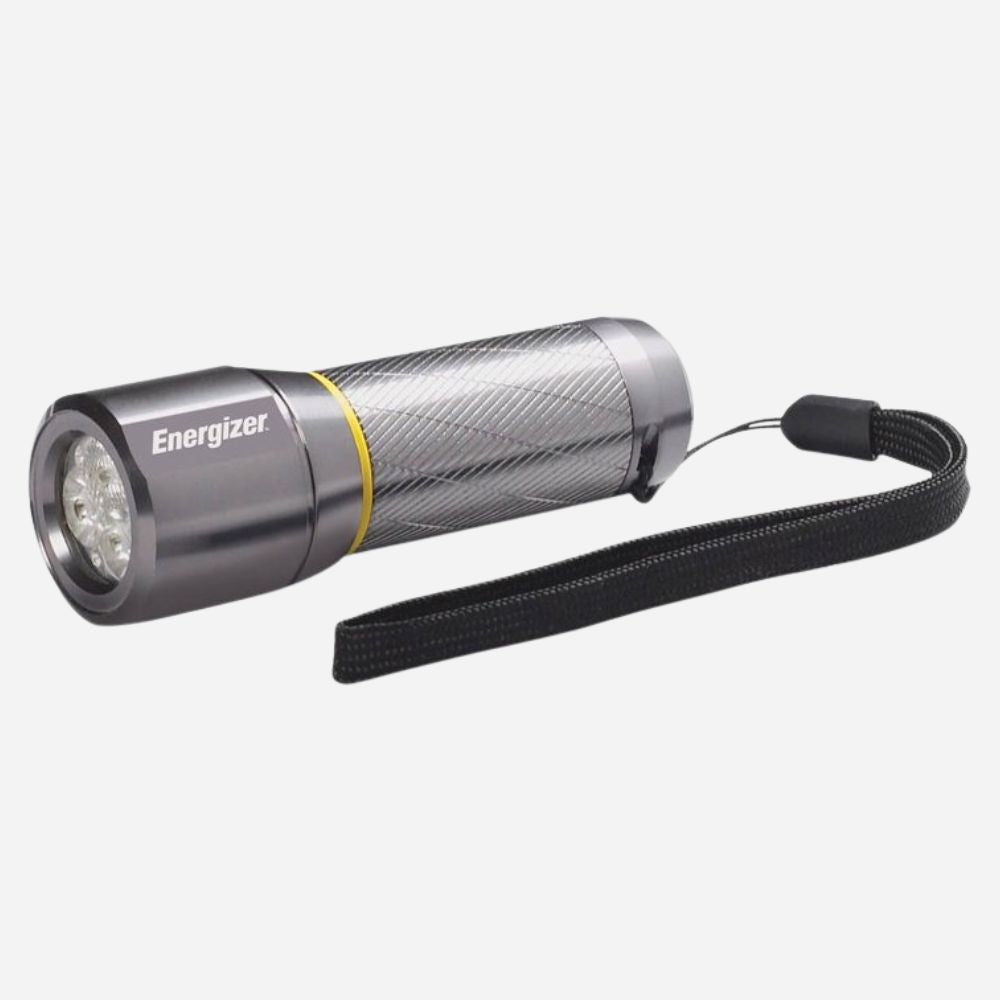 Silver Energizer flashlight with a black strap on a white background
