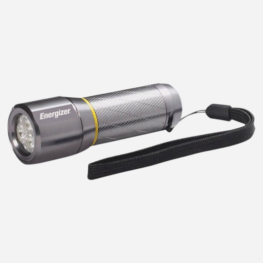 Silver Energizer flashlight with a black strap on a white background