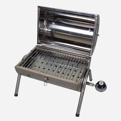 Stainless steel portable grill on a white background