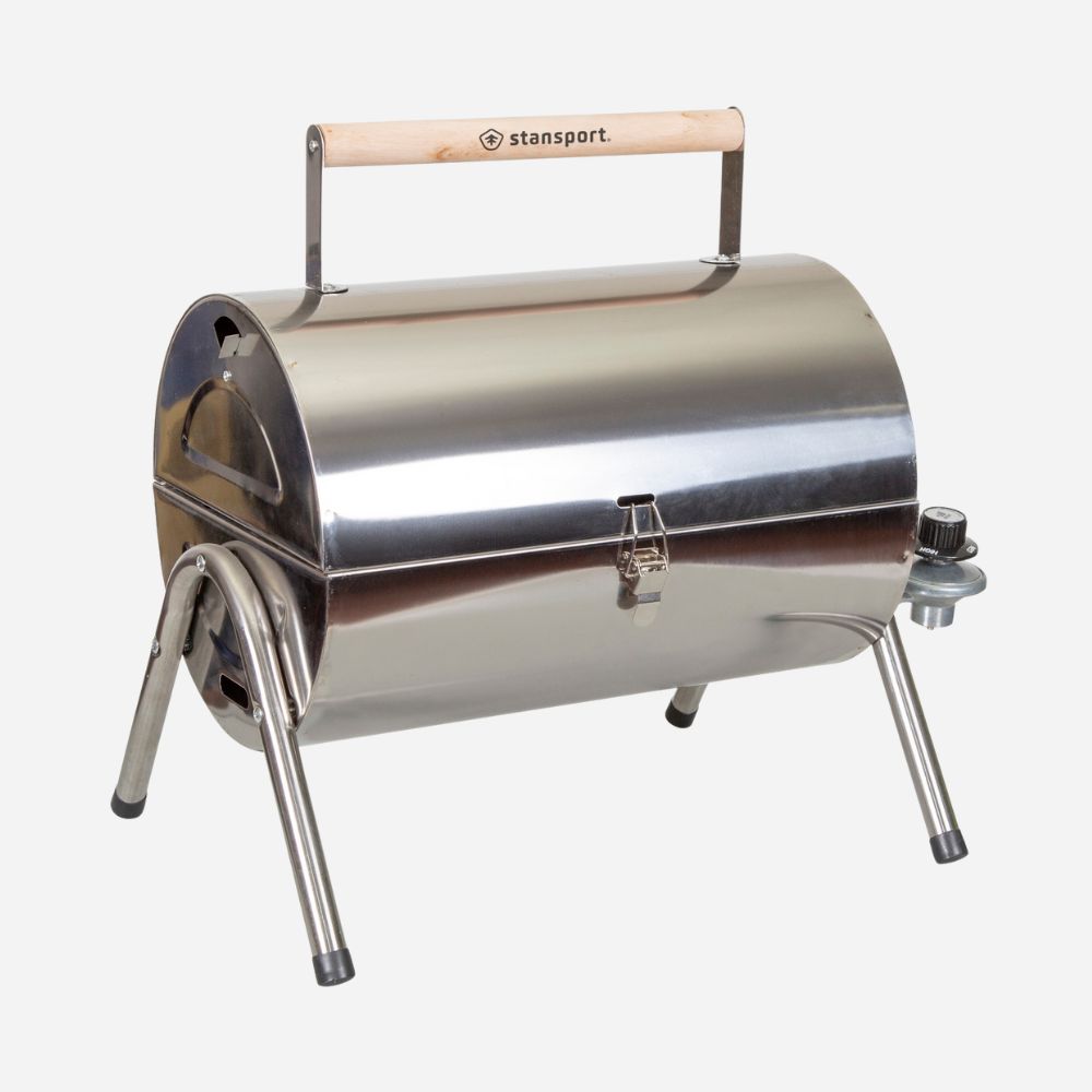 Stainless steel portable grill with wooden handle on a white background