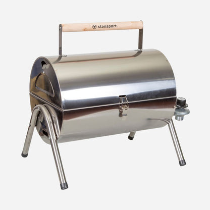 Stainless steel portable grill with wooden handle on a white background