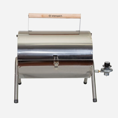 Stainless steel portable grill with wooden handle on a white background
