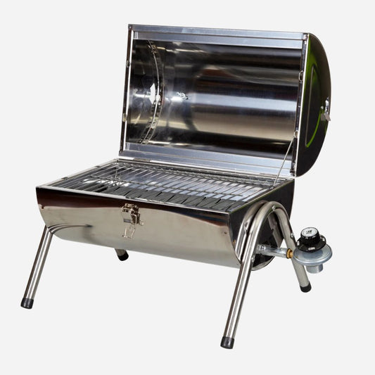 Stainless steel portable grill on a white background