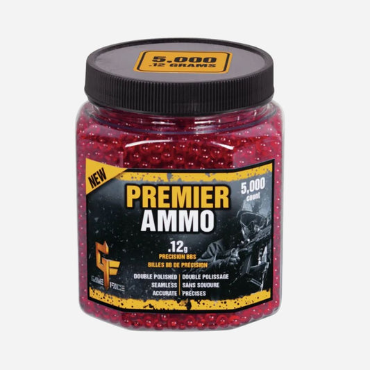 Jar of Premier Ammo with red pellets on a white background