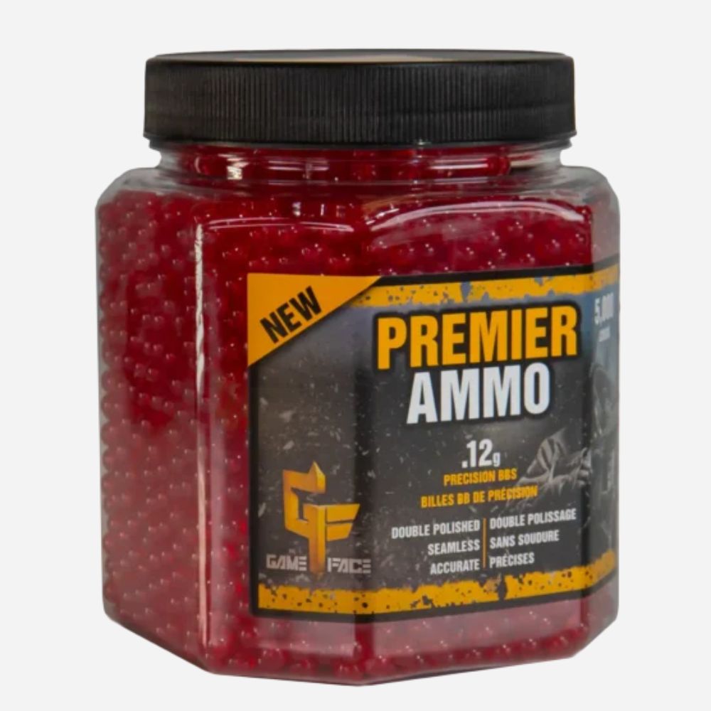 Jar of red ammunition pellets with 'Premier Ammo' label on a white background