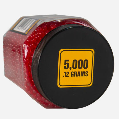 Jar of red pellets with a black lid displaying '5,000 12 Grams' on a white background