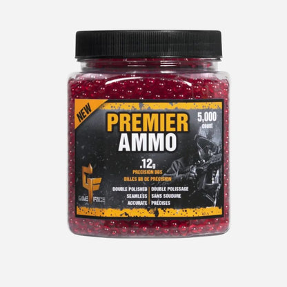 Jar of red ammunition pellets with 'Premier Ammo' label on a white background