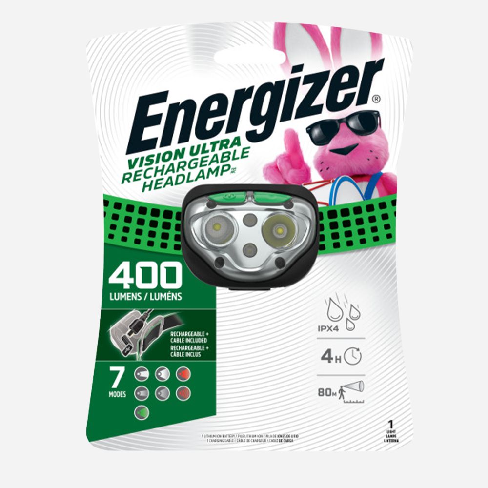 Energizer rechargeable headlamp packaging with a cartoon character on a white background