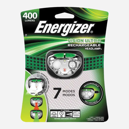 Energizer Vision Ultra rechargeable headlamp packaging on a white background