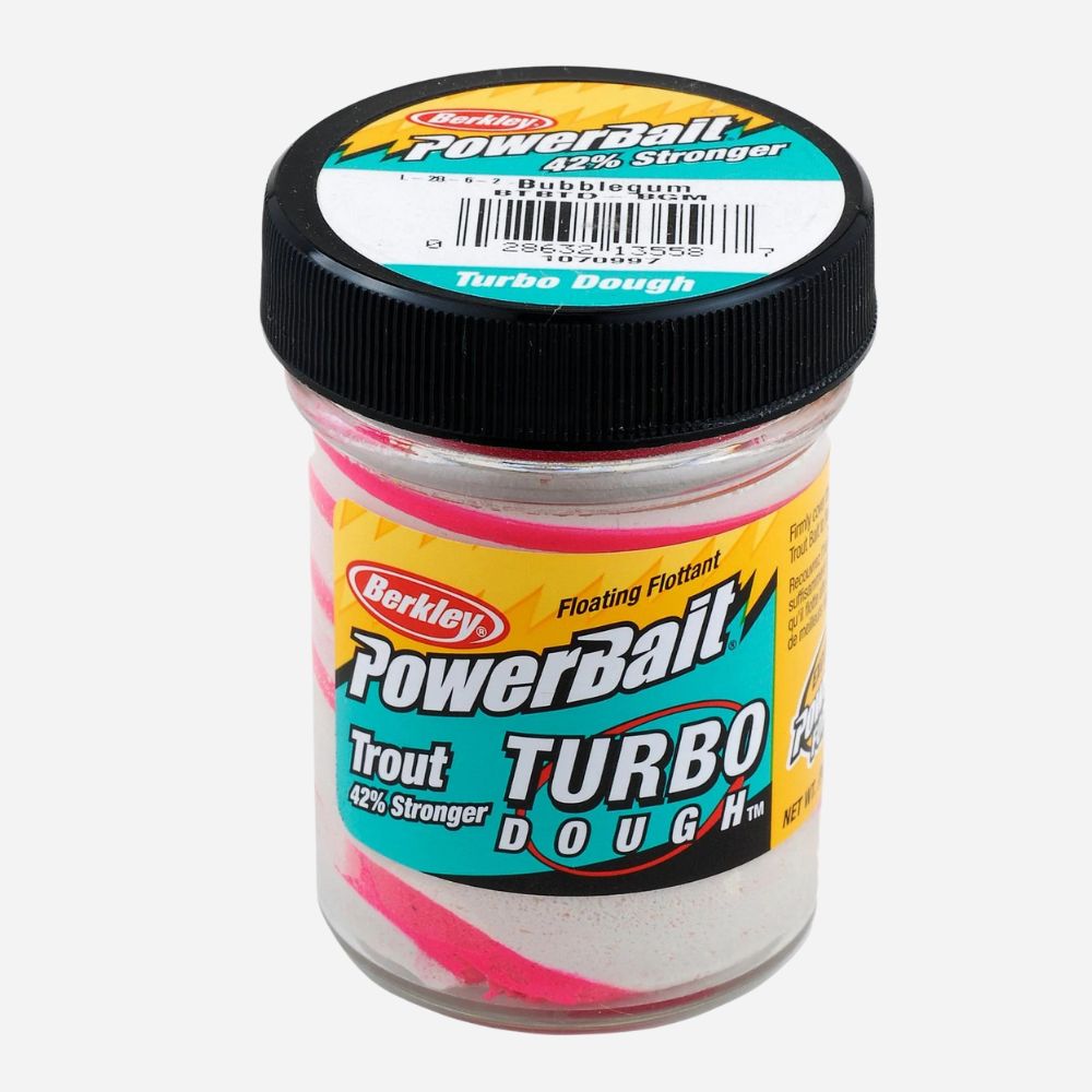 Berkley PowerBait Trout Turbo Dough fishing product in a jar on a white background