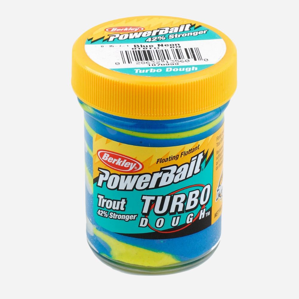Berkley PowerBait Trout Turbo Dough jar with yellow lid on a white background