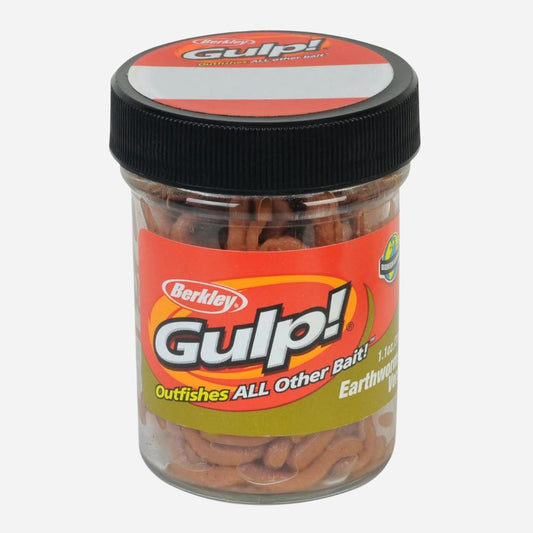 Jar of Berkley Gulp! fishing lures with a white background
