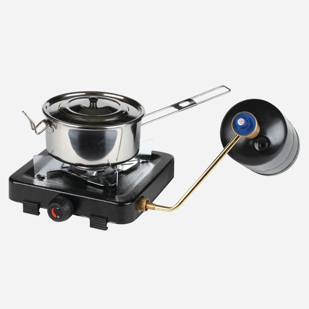 Portable gas stove with a pot on a white background