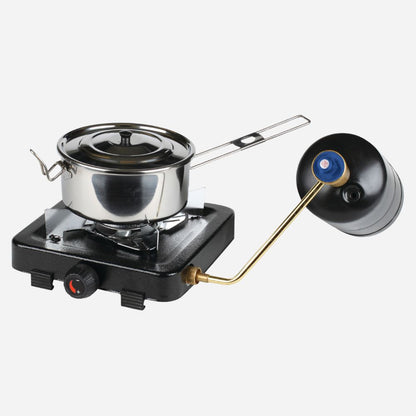 Portable gas stove with a pot on a white background