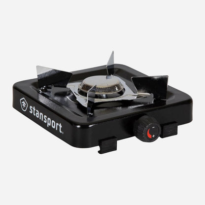 Black portable gas stove with visible brand 'stansport' on a white background