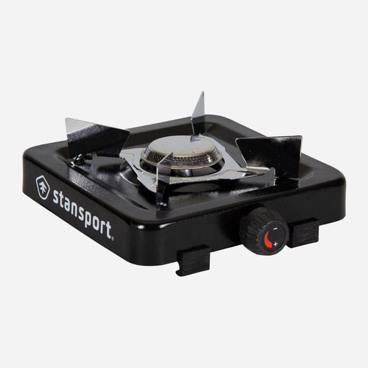 Black portable gas stove with visible brand 'stansport' on a white background